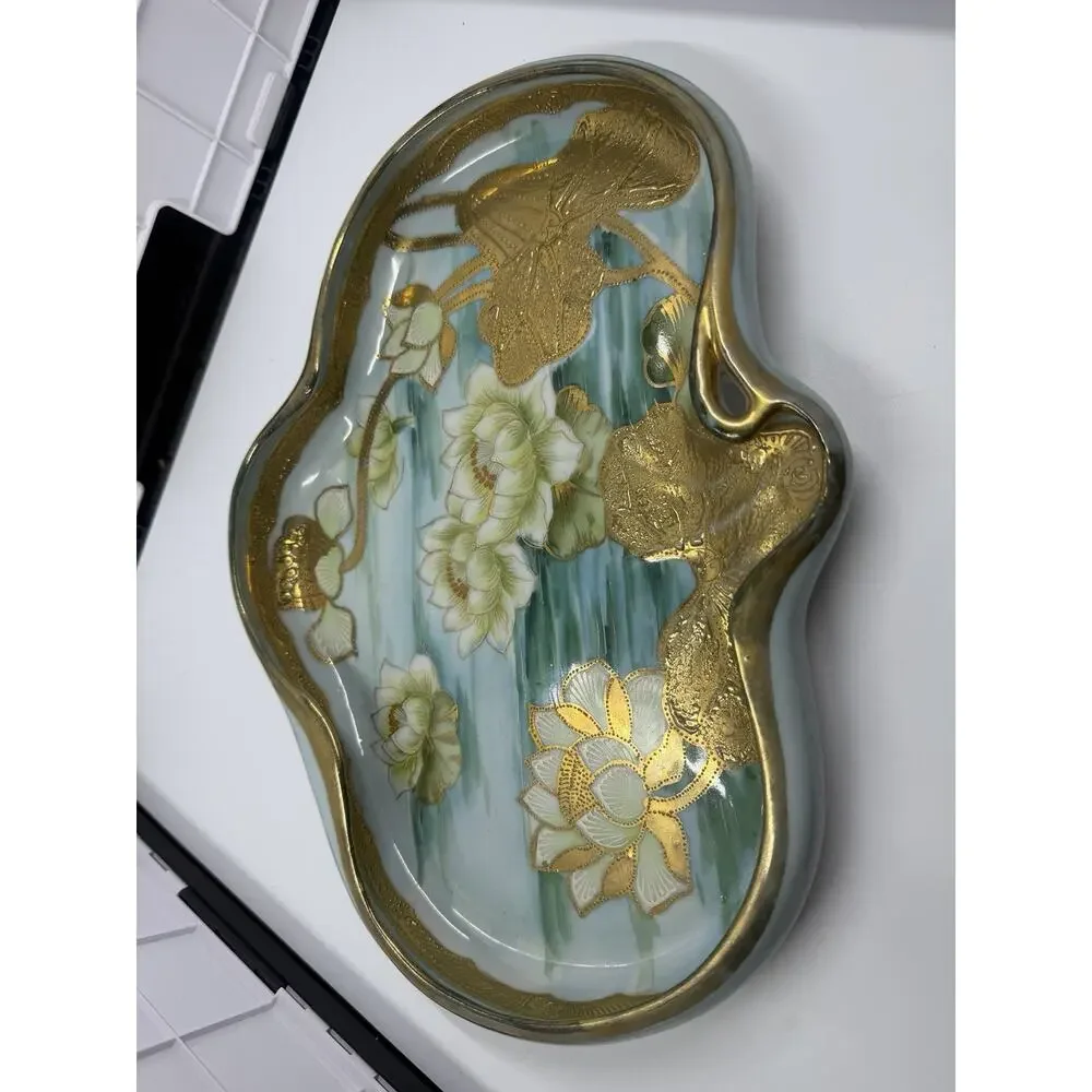 Antique Nippon Hand Painted Water Lily Gold Gilt Moriage Large Trinket Dish
